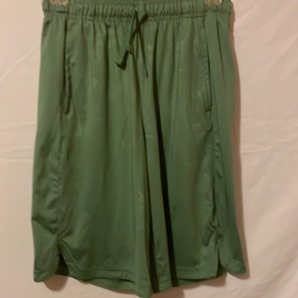Green shorts with elastic and drawstring waist.
